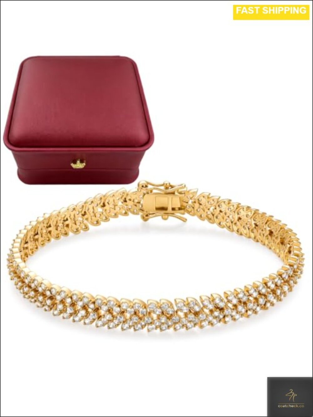 14K Gold Plated Tennis Bracelet 2-Row Cubic Zirconia Box Clasp Women's Jewelry